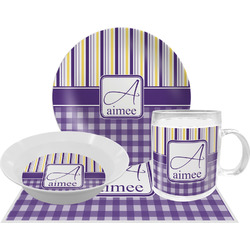 Purple Gingham & Stripe Dinner Set - Single 4 Pc Setting w/ Name and Initial