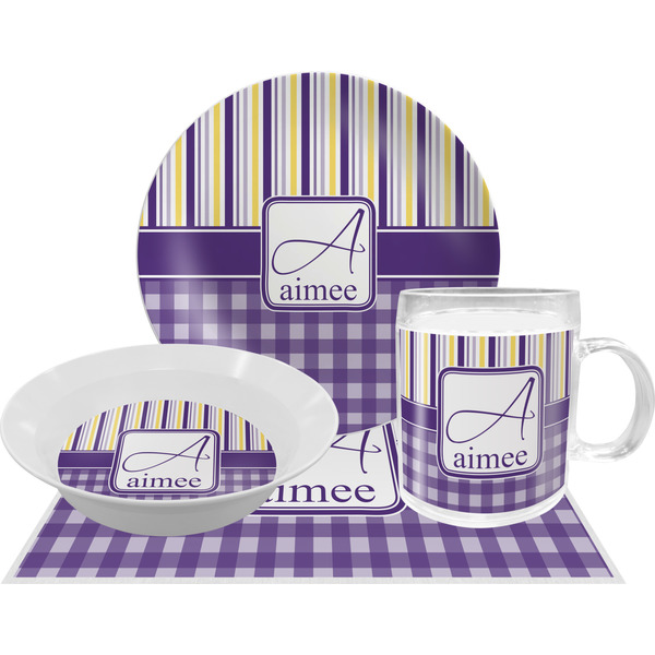 Purple Gingham & Stripe Dinner Set - 4 Pc (Personalized)