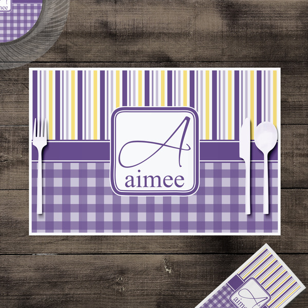 Purple Gingham & Stripe Disposable Paper Placemat - In Context