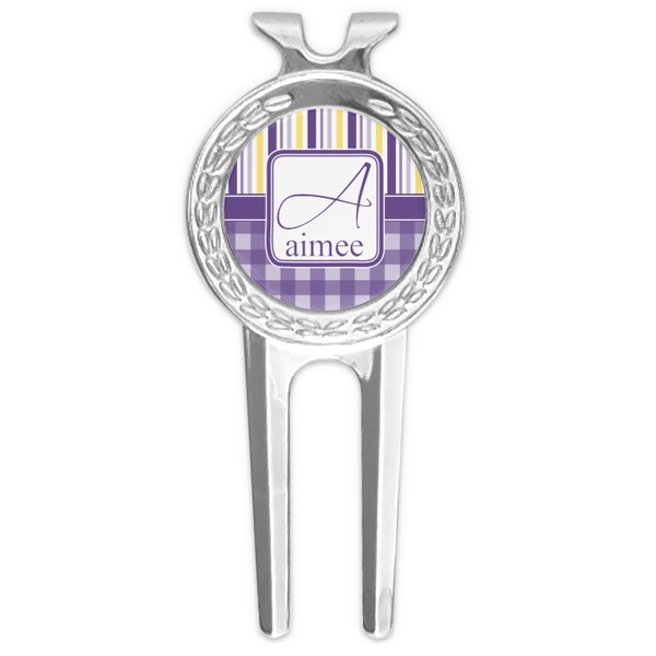 Custom Purple Gingham & Stripe Golf Divot Tool & Ball Marker (Personalized)