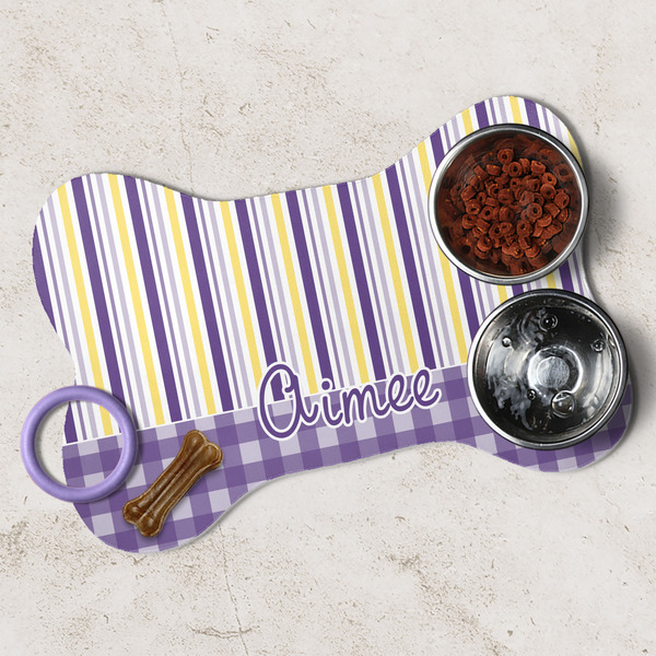 Purple Gingham & Stripe Dog Bone Shaped Mat Lifestyle