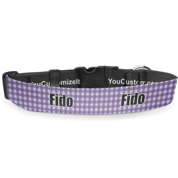 Custom Purple Gingham & Stripe Deluxe Dog Collar - Medium (11.5" to 17.5") (Personalized)