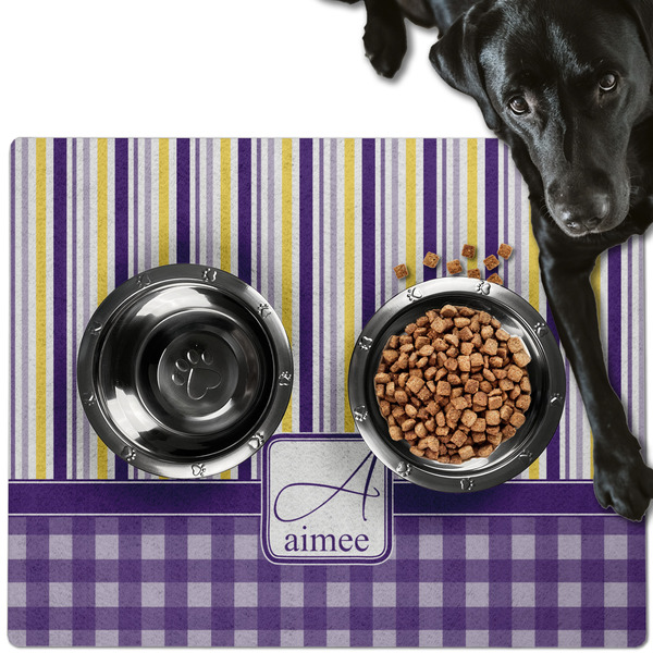 Custom Purple Gingham & Stripe Dog Food Mat - Large w/ Name and Initial