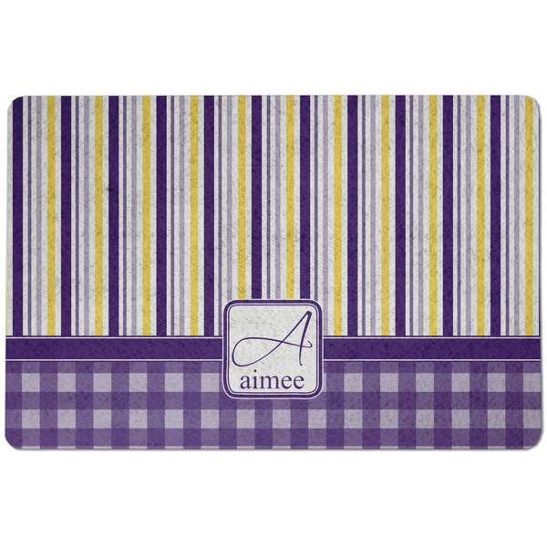 Custom Purple Gingham & Stripe Dog Food Mat w/ Name and Initial