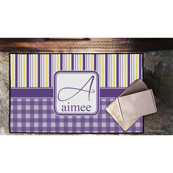 Purple Gingham & Stripe Door Mat - LIFESTYLE (Lrg)