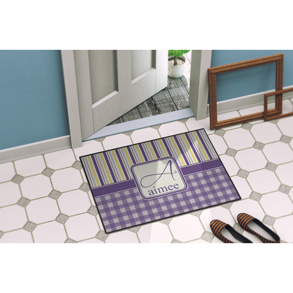 Purple Gingham & Stripe Door Mat Lifestyle