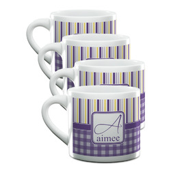 Purple Gingham & Stripe Double Shot Espresso Cups - Set of 4 (Personalized)