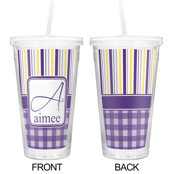 Purple Gingham & Stripe Double Wall Tumbler with Straw - Approval