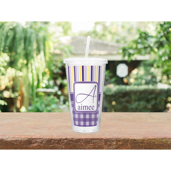 Purple Gingham & Stripe Double Wall Tumbler with Straw Lifestyle