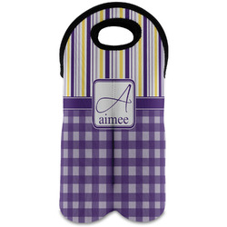 Purple Gingham & Stripe Wine Tote Bag (2 Bottles) (Personalized)