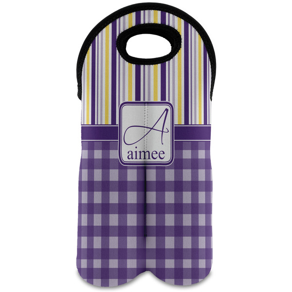 Custom Purple Gingham & Stripe Wine Tote Bag (2 Bottles) (Personalized)