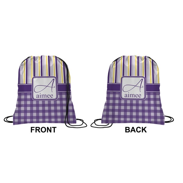Purple Gingham & Stripe Drawstring Backpack Front & Back Small