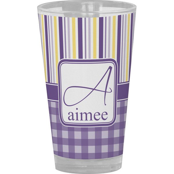 Custom Purple Gingham & Stripe Pint Glass - Full Color (Personalized)