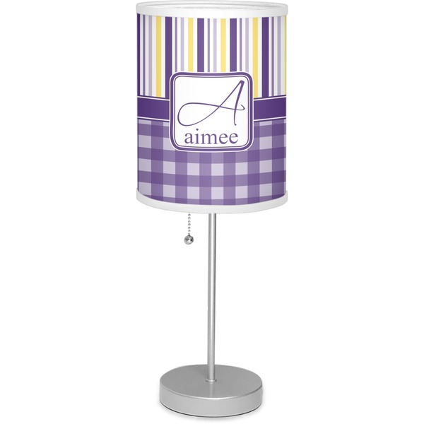 Custom Purple Gingham & Stripe 7" Drum Lamp with Shade Linen (Personalized)