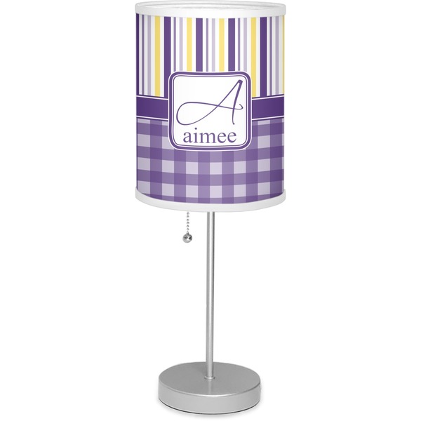 Custom Purple Gingham & Stripe Lamp with Drum Shade (Personalized)