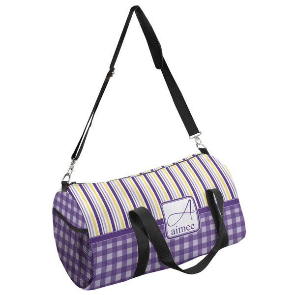 Custom Purple Gingham & Stripe Duffel Bag (Personalized)