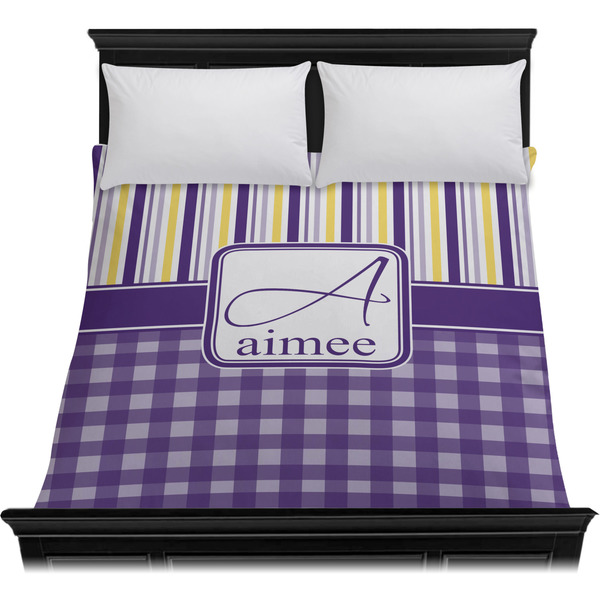 Purple Gingham & Stripe Duvet Cover - Queen - On Bed - No Prop