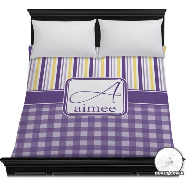 Custom Purple Gingham & Stripe Duvet Cover - Full / Queen (Personalized)