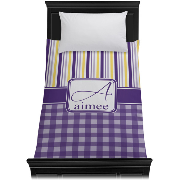 Purple Gingham & Stripe Duvet Cover - Twin - On Bed - No Prop