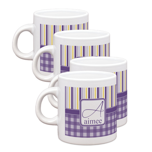 Custom Purple Gingham & Stripe Single Shot Espresso Cups - Set of 4 (Personalized)
