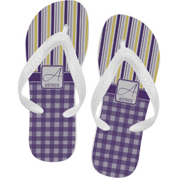 Purple Gingham & Stripe Flip Flops - Large (Personalized)