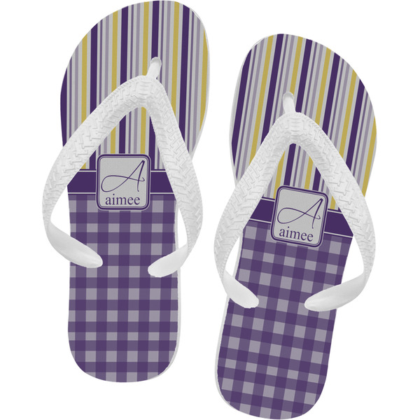 Custom Purple Gingham & Stripe Flip Flops - XSmall (Personalized)