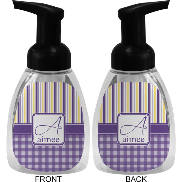 Purple Gingham & Stripe Foam Soap Bottle (Front & Back)