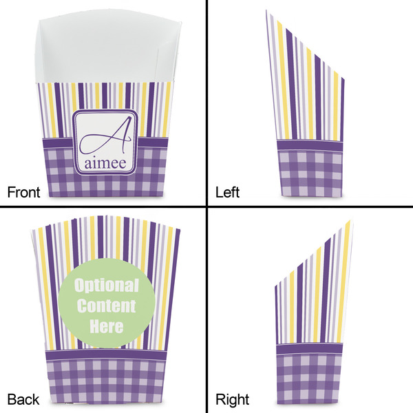 Purple Gingham & Stripe French Fry Favor Box - Front & Back View