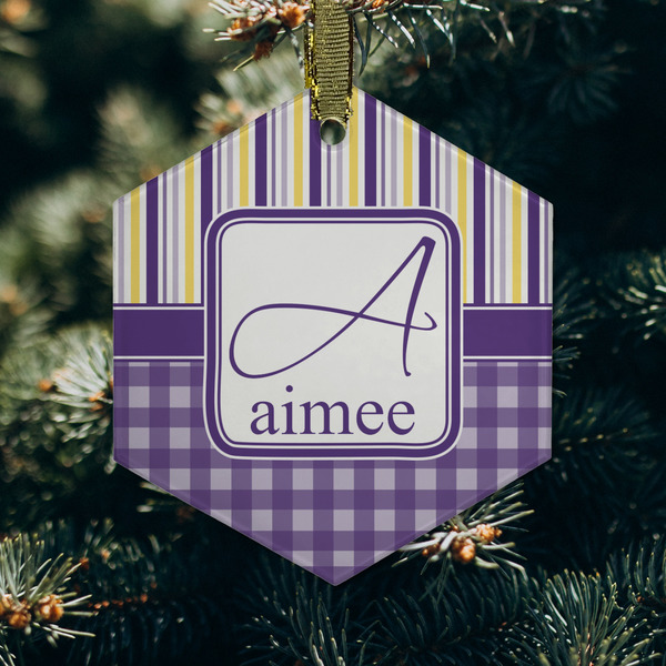 Purple Gingham & Stripe Frosted Glass Ornament - Hexagon (Lifestyle)