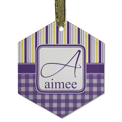 Purple Gingham & Stripe Flat Glass Ornament - Hexagon w/ Name and Initial