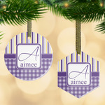 Purple Gingham & Stripe Flat Glass Ornament w/ Name and Initial