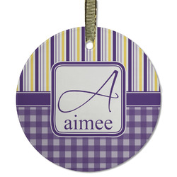 Purple Gingham & Stripe Flat Glass Ornament - Round w/ Name and Initial