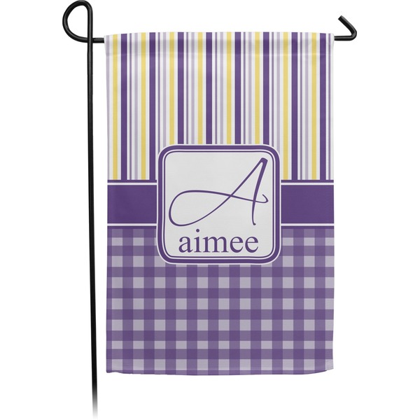 Custom Purple Gingham & Stripe Small Garden Flag - Double Sided w/ Name and Initial