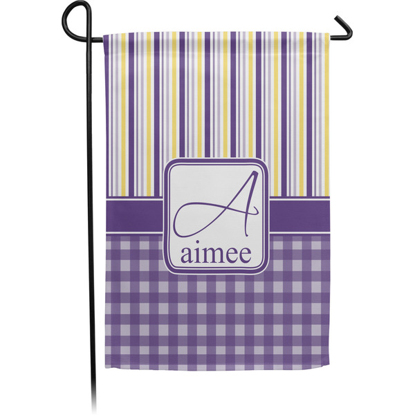 Custom Purple Gingham & Stripe Small Garden Flag - Single Sided w/ Name and Initial