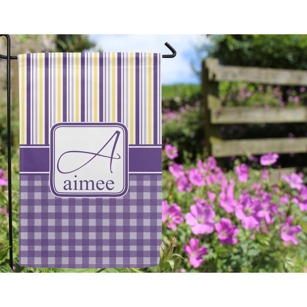 Purple Gingham & Stripe Garden Flag - Outside In Flowers