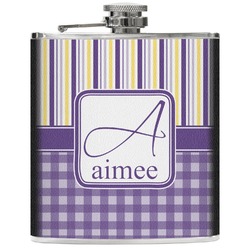 Purple Gingham & Stripe Genuine Leather Flask (Personalized)