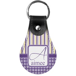 Purple Gingham & Stripe Genuine Leather Keychain (Personalized)