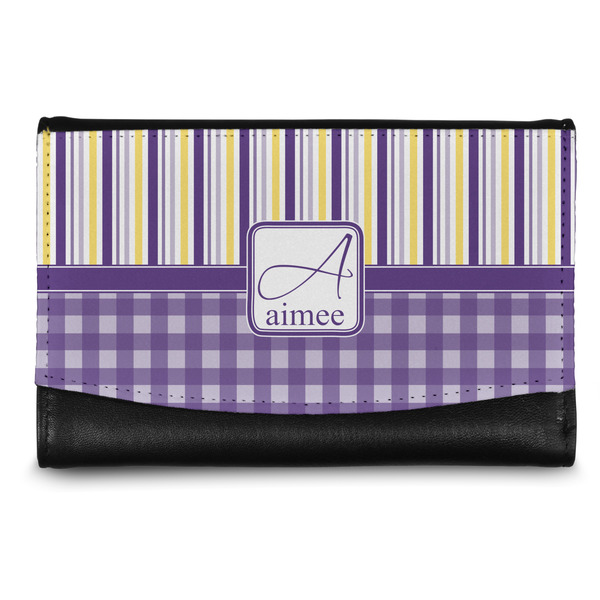 Custom Purple Gingham & Stripe Genuine Leather Women's Wallet - Small (Personalized)