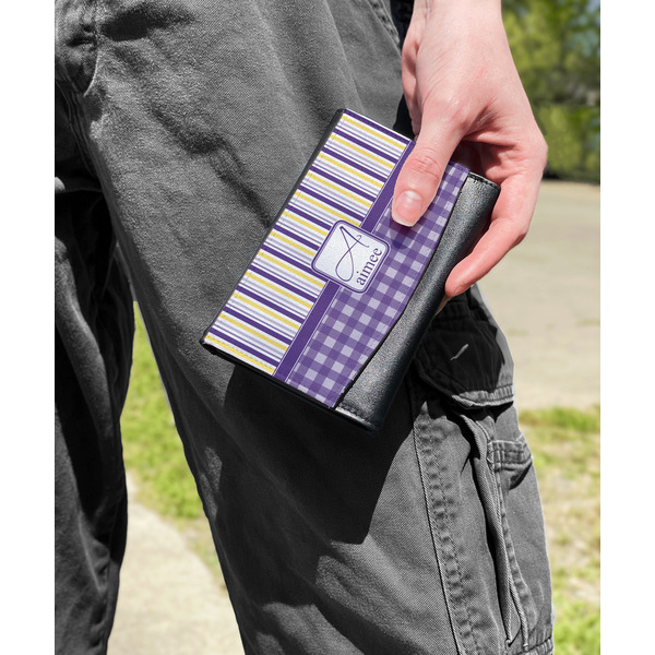 Purple Gingham & Stripe Genuine Leather Womens Wallet - In Context