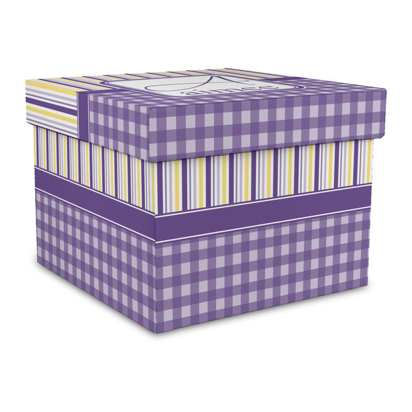 Custom Purple Gingham & Stripe Gift Box with Lid - Canvas Wrapped - Large (Personalized)