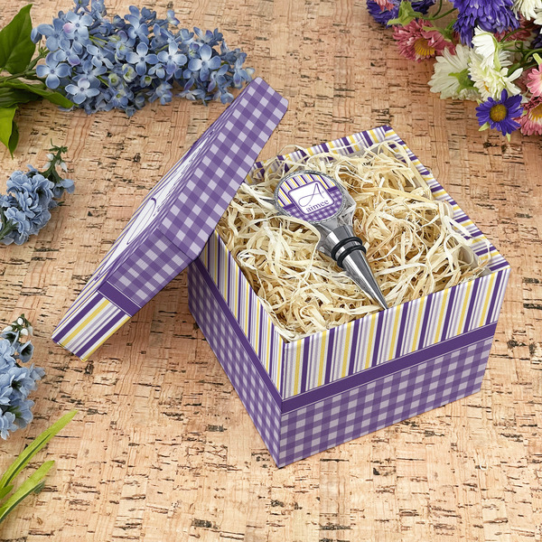 Purple Gingham & Stripe Gift Boxes with Lid - Canvas Wrapped - Medium - In Context