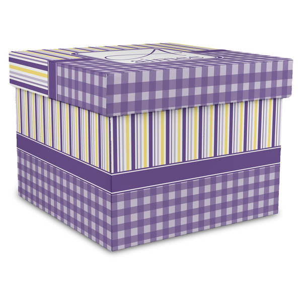 Custom Purple Gingham & Stripe Gift Box with Lid - Canvas Wrapped - X-Large (Personalized)