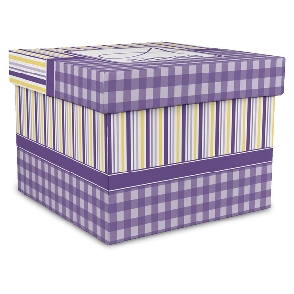 Custom Purple Gingham & Stripe Gift Box with Lid - Canvas Wrapped - XX-Large (Personalized)