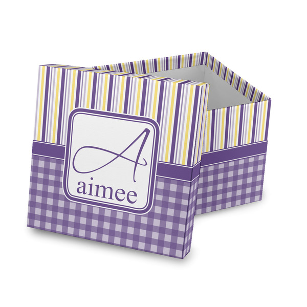 Custom Purple Gingham & Stripe Gift Box with Lid - Canvas Wrapped (Personalized)