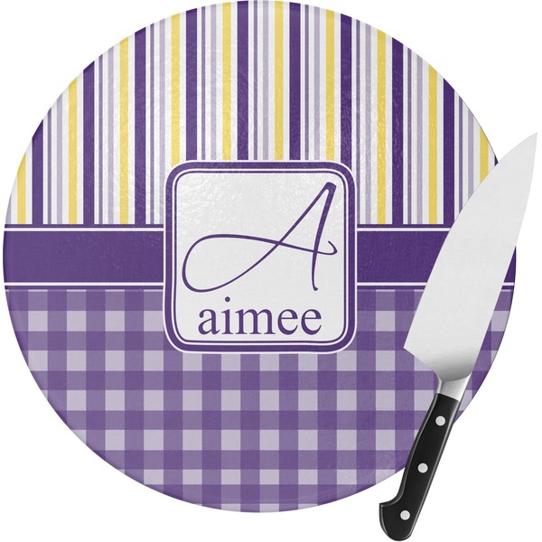 Custom Purple Gingham & Stripe Round Glass Cutting Board (Personalized)