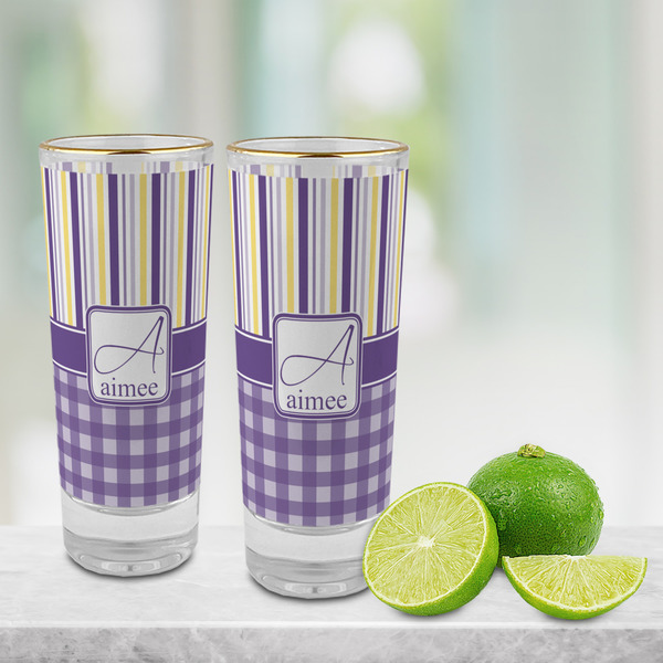 Purple Gingham & Stripe Glass Shot Glass - 2 oz - LIFESTYLE