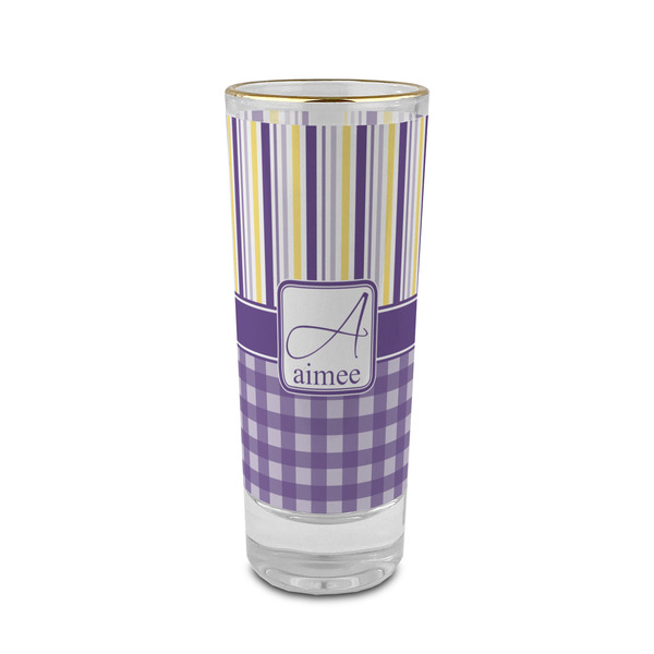 Custom Purple Gingham & Stripe 2 oz Shot Glass -  Glass with Gold Rim - Set of 4 (Personalized)