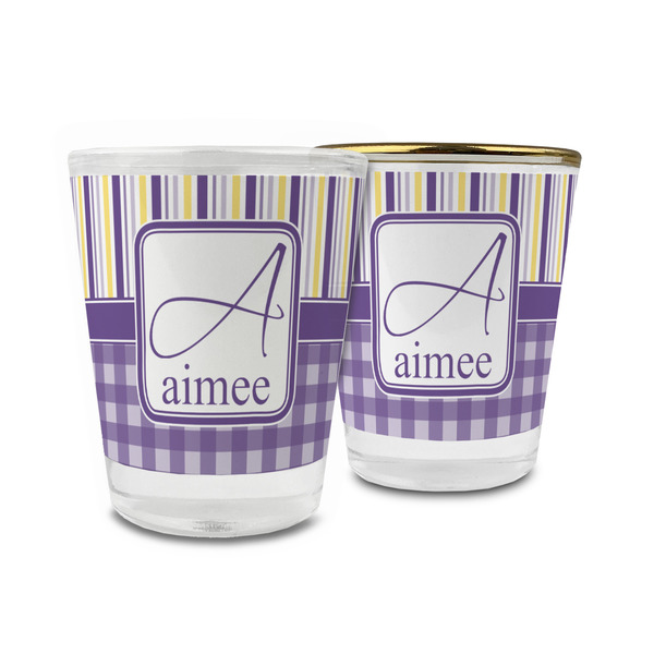 Custom Purple Gingham & Stripe Glass Shot Glass - 1.5 oz (Personalized)