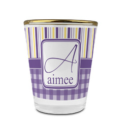 Purple Gingham & Stripe Glass Shot Glass - 1.5 oz - with Gold Rim - Set of 4 (Personalized)