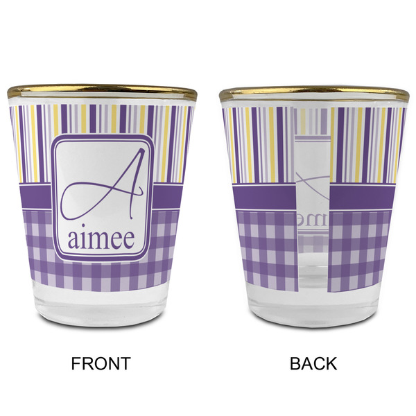 Purple Gingham & Stripe Glass Shot Glass - with gold rim - APPROVAL